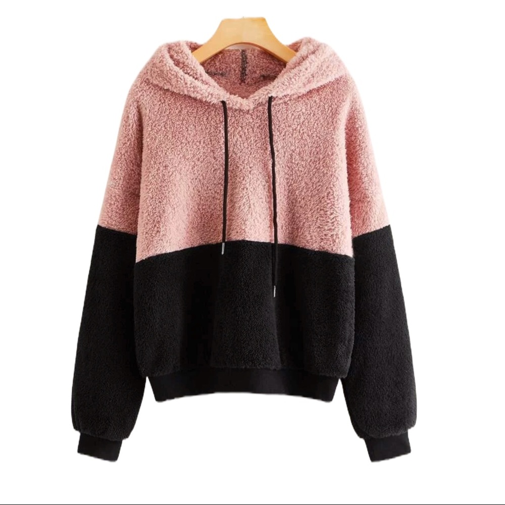 Teddy Hoodie Soft Fuzzy Sweatshirt Colorblock - Picture 1 of 7